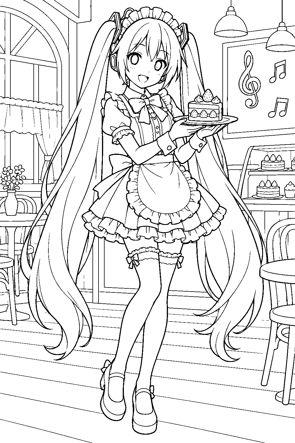 hatsune miku wearing a maid outfit and serving strawberry cake in a music cafe line art