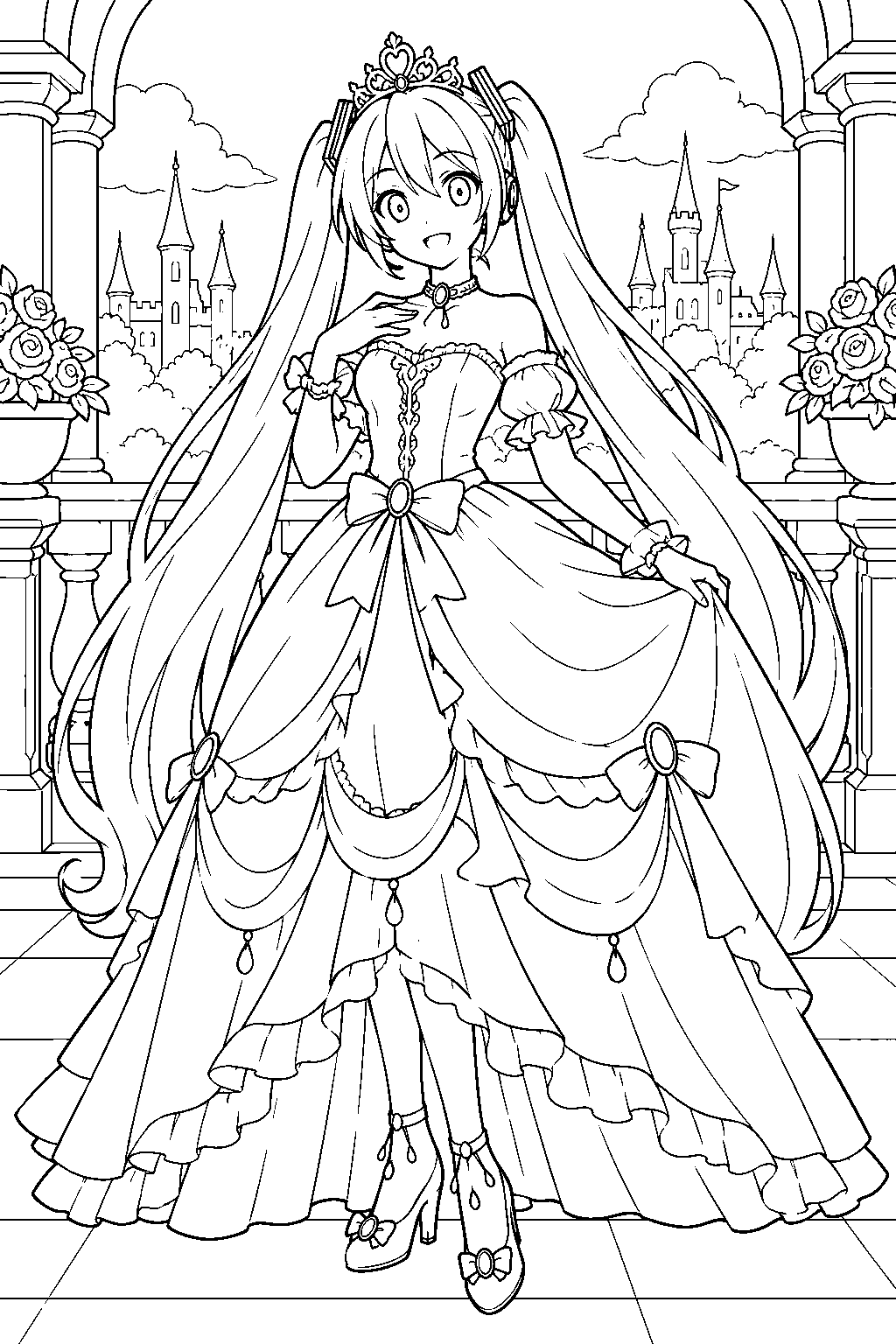 hatsune miku wearing a princess gown and crown on a palace balcony line art