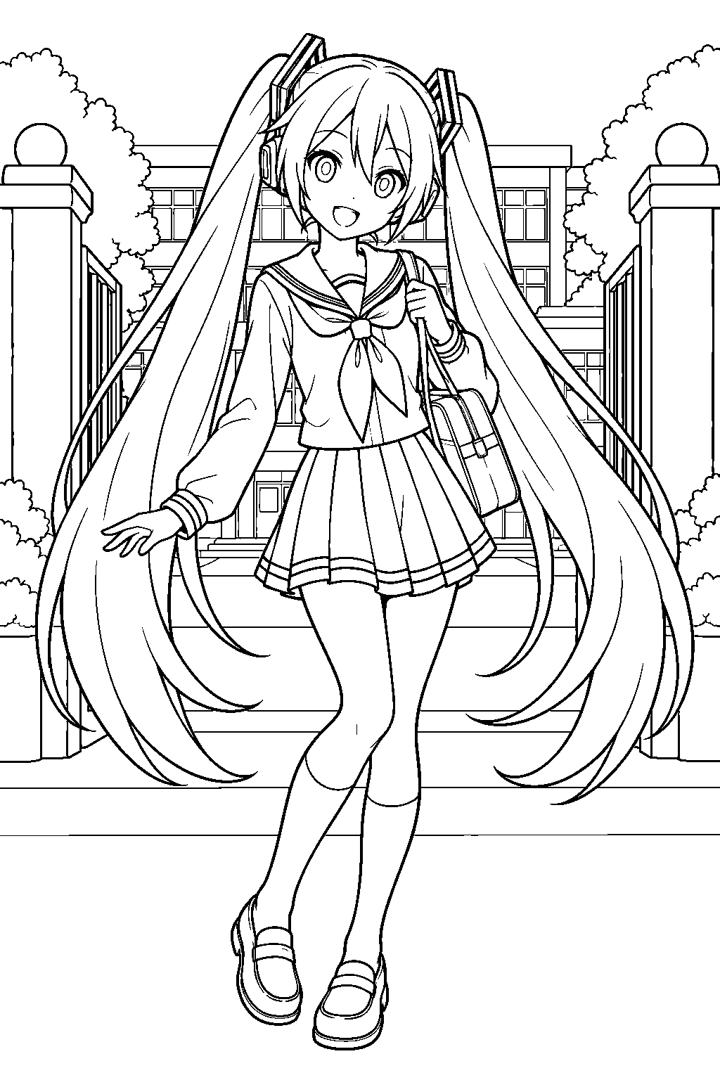 hatsune miku wearing a sailor school uniform at a school gate line art