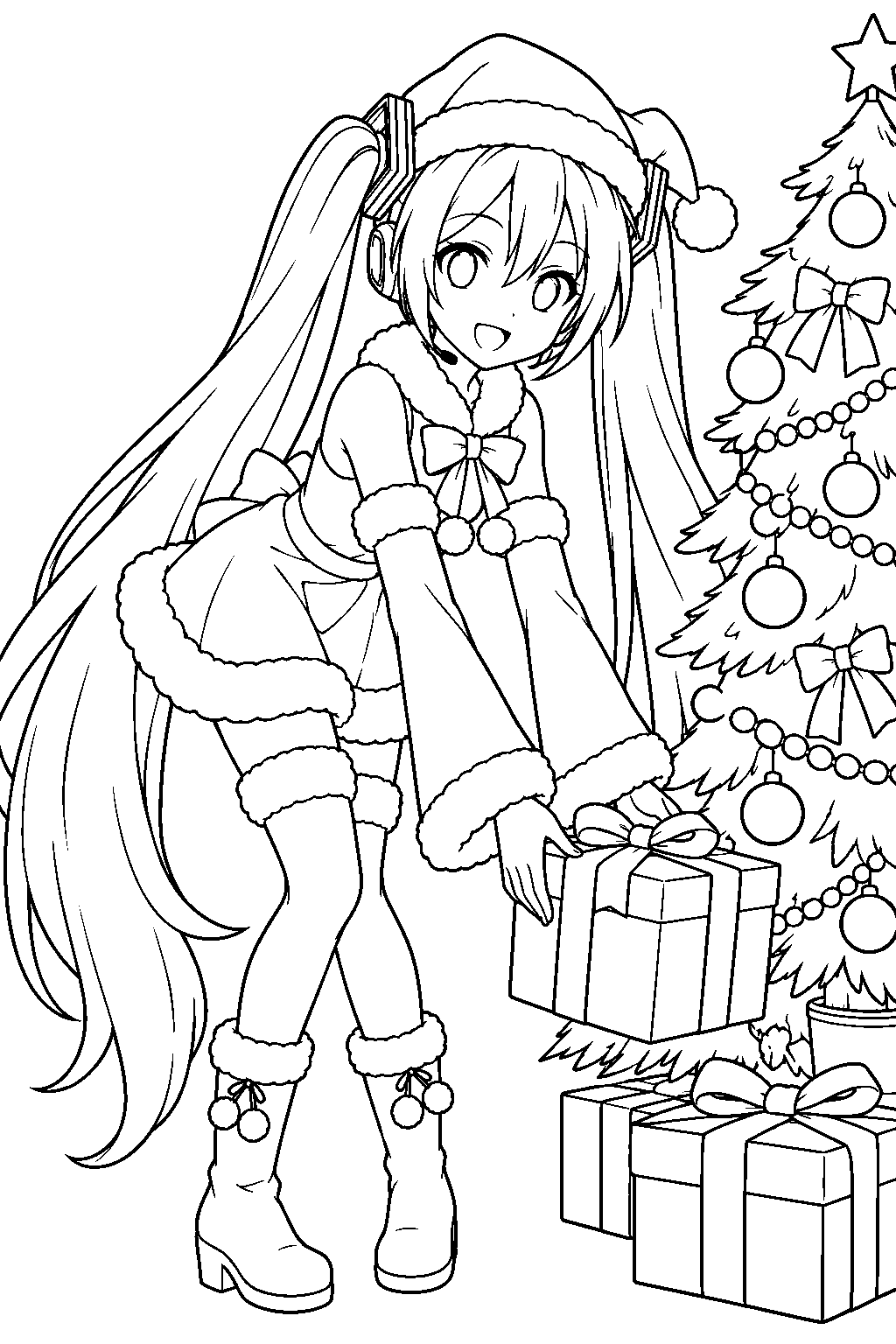 hatsune miku wearing a santa outfit and placing a present beneath a christmas tree line art