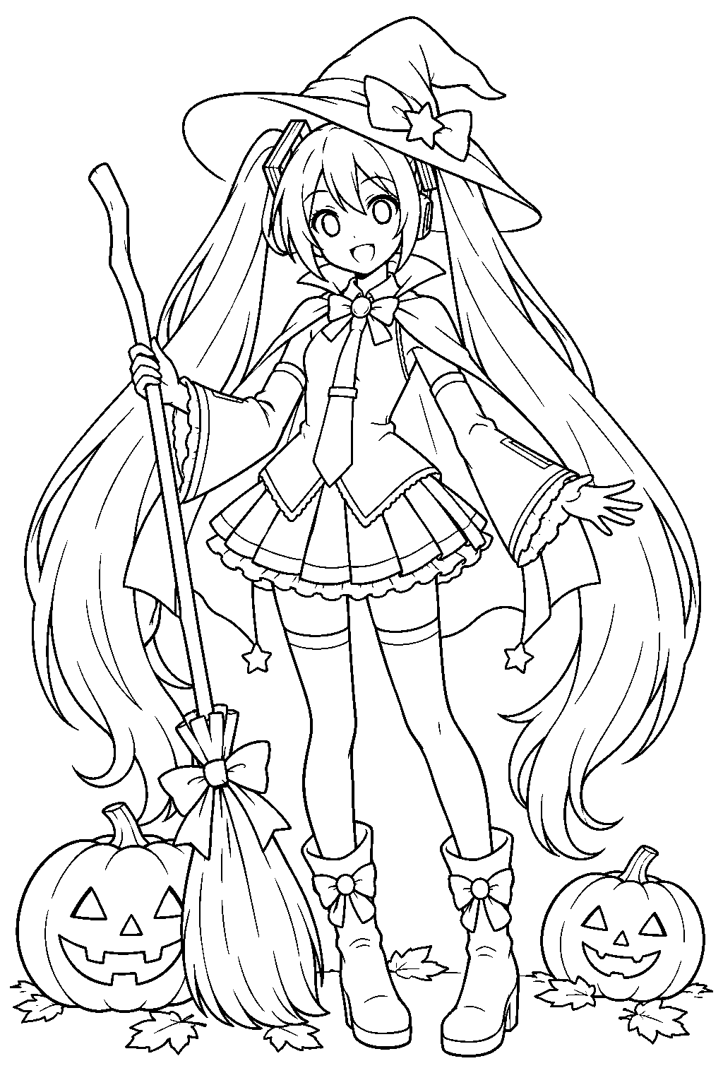 hatsune miku wearing a witch costume and holding a broom beside carved pumpkins line art