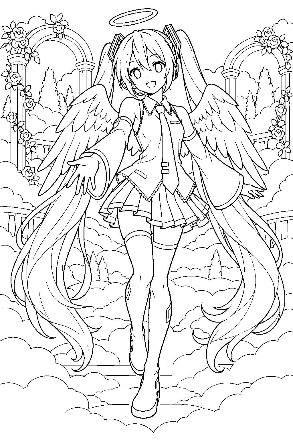 hatsune miku wearing angel wings and a halo above a cloud garden line art