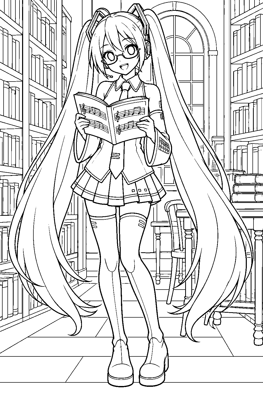 hatsune miku wearing glasses and reading a music book in a library line art