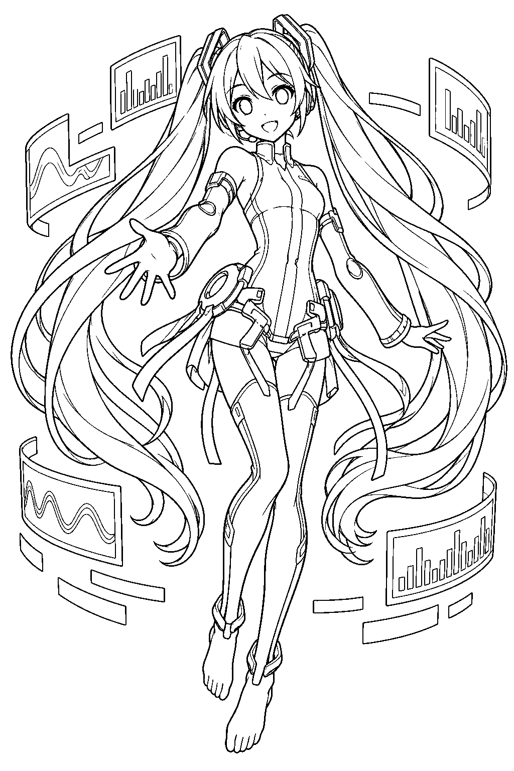 hatsune miku wearing her append outfit among floating sound wave panels line art