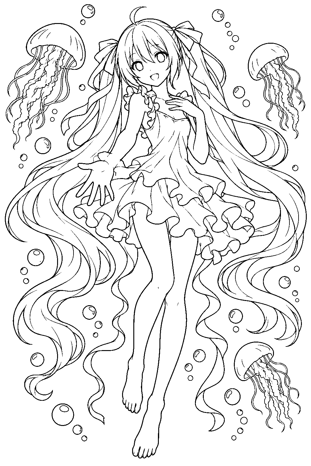 hatsune miku wearing her deep sea girl dress among bubbles and jellyfish line art