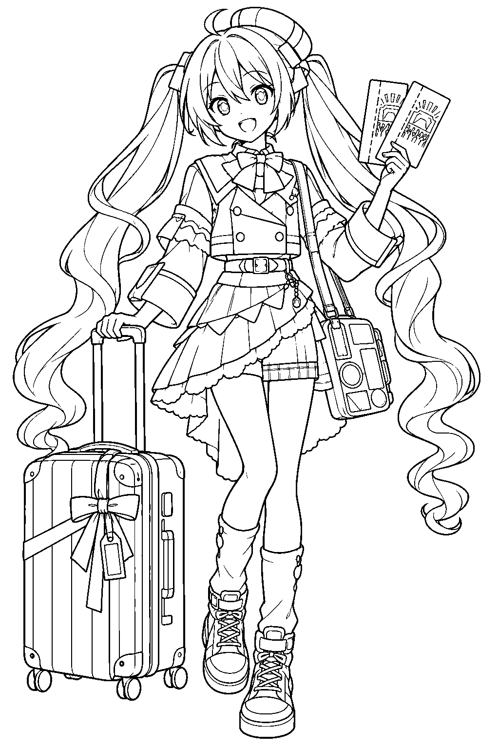 hatsune miku wearing her magical mirai 2024 travel outfit beside a suitcase and concert tickets line art
