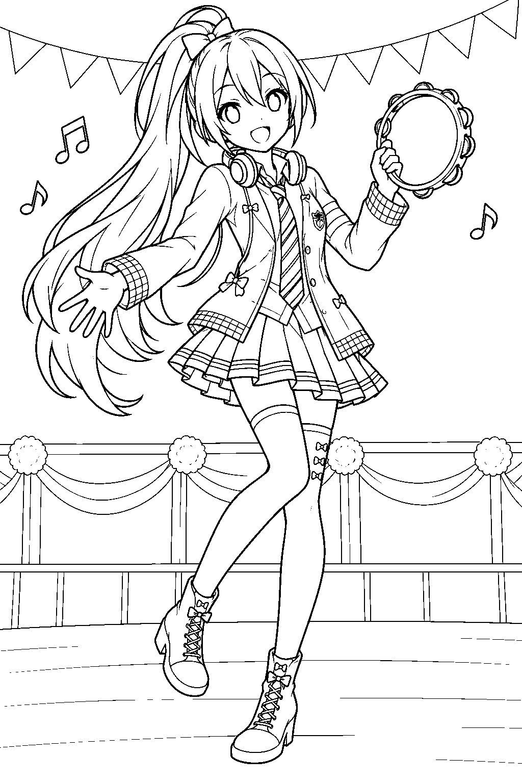 hatsune miku wearing her ribbon girl outfit and playing a tambourine at a school festival line art