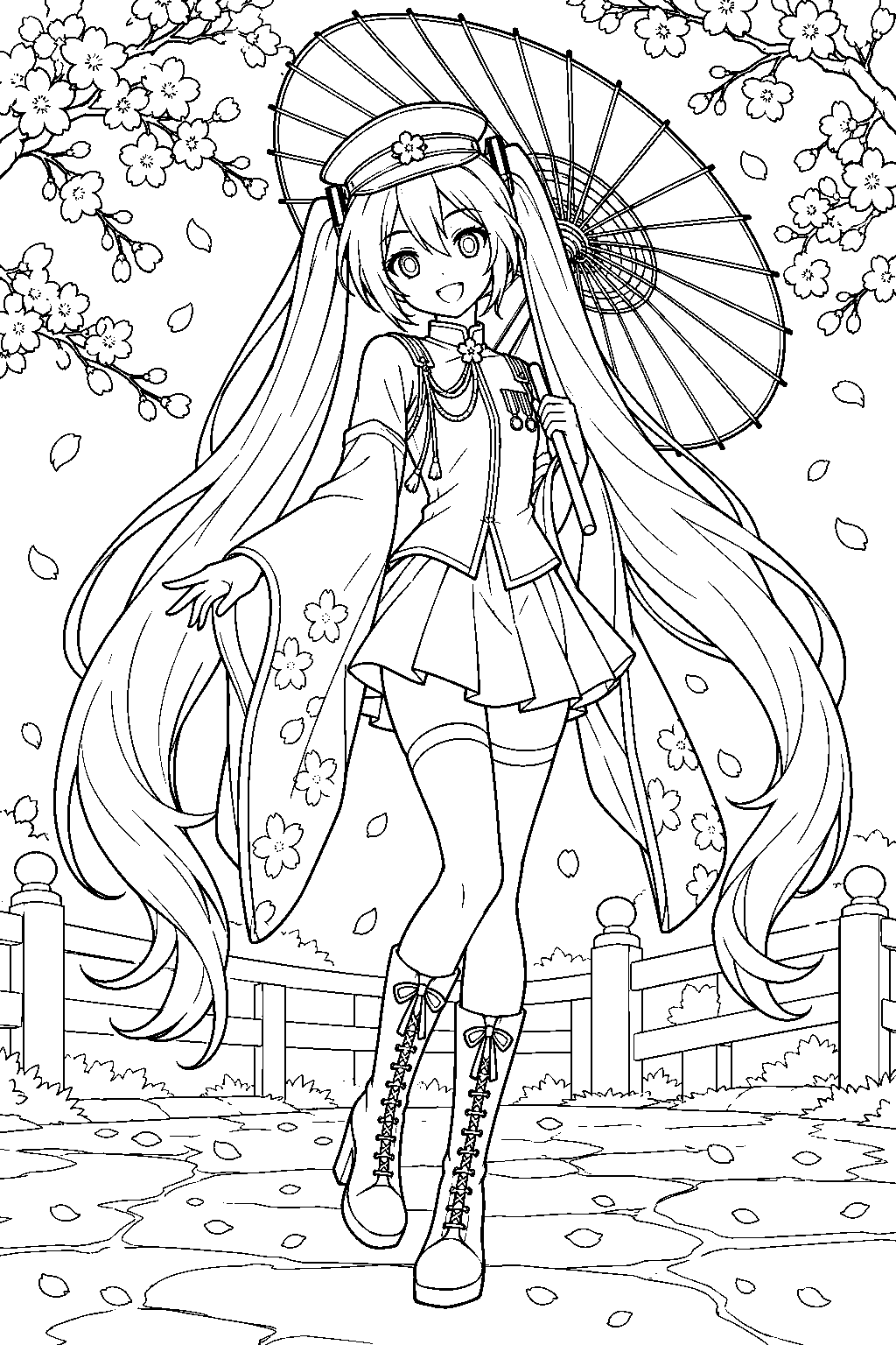 hatsune miku wearing her senbonzakura outfit and holding a parasol beneath cherry blossoms line art