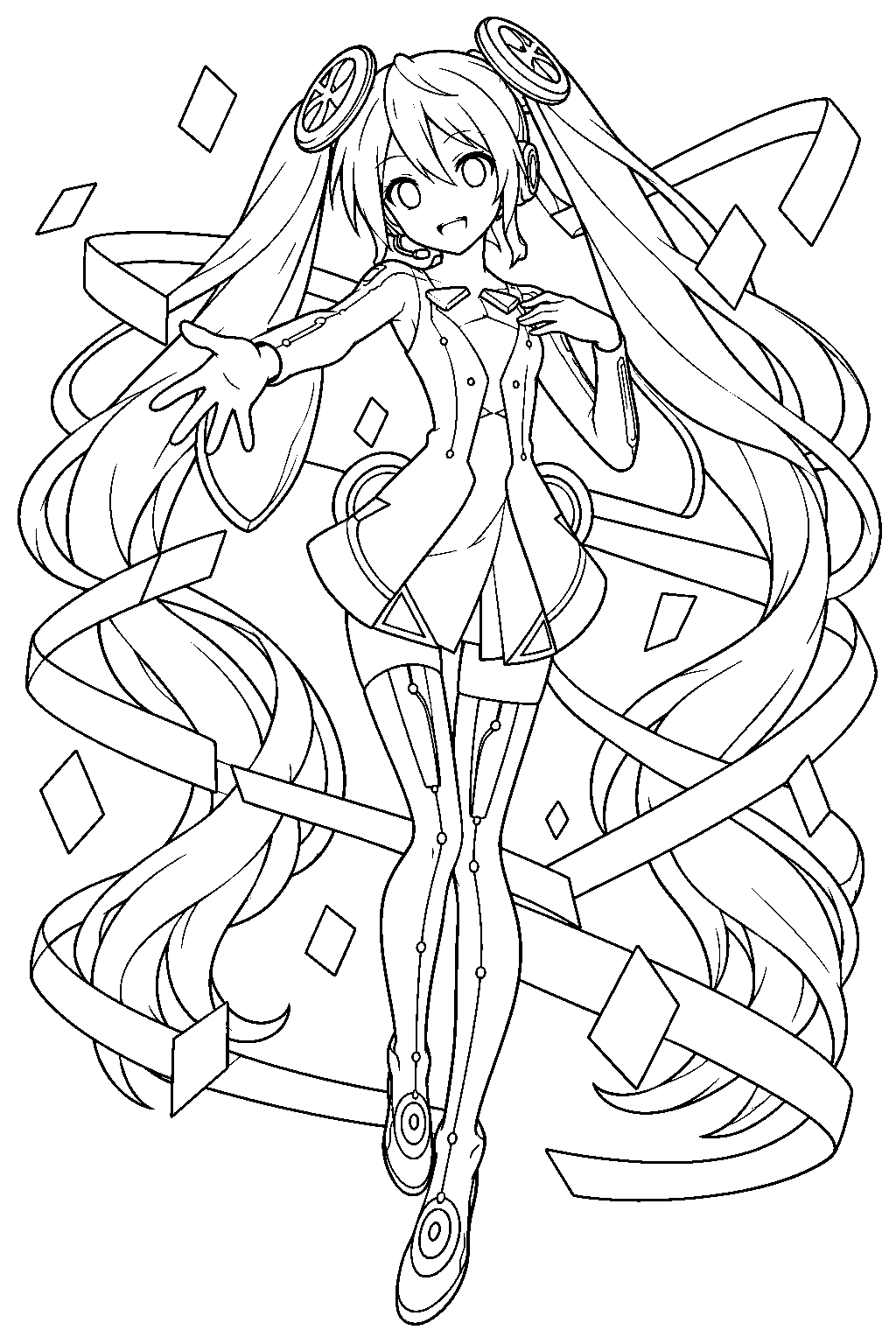hatsune miku wearing her tell your world linkage outfit among geometric ribbons line art