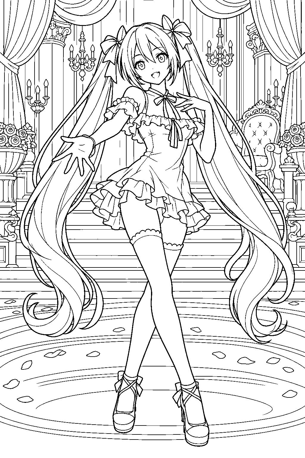 hatsune miku wearing her world is mine dress in an ornate theater room line art