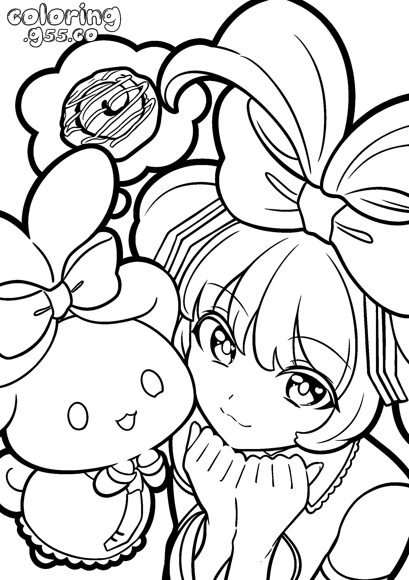 hatsune miku with cute sanrio bunny friend sweet donut line art for kids