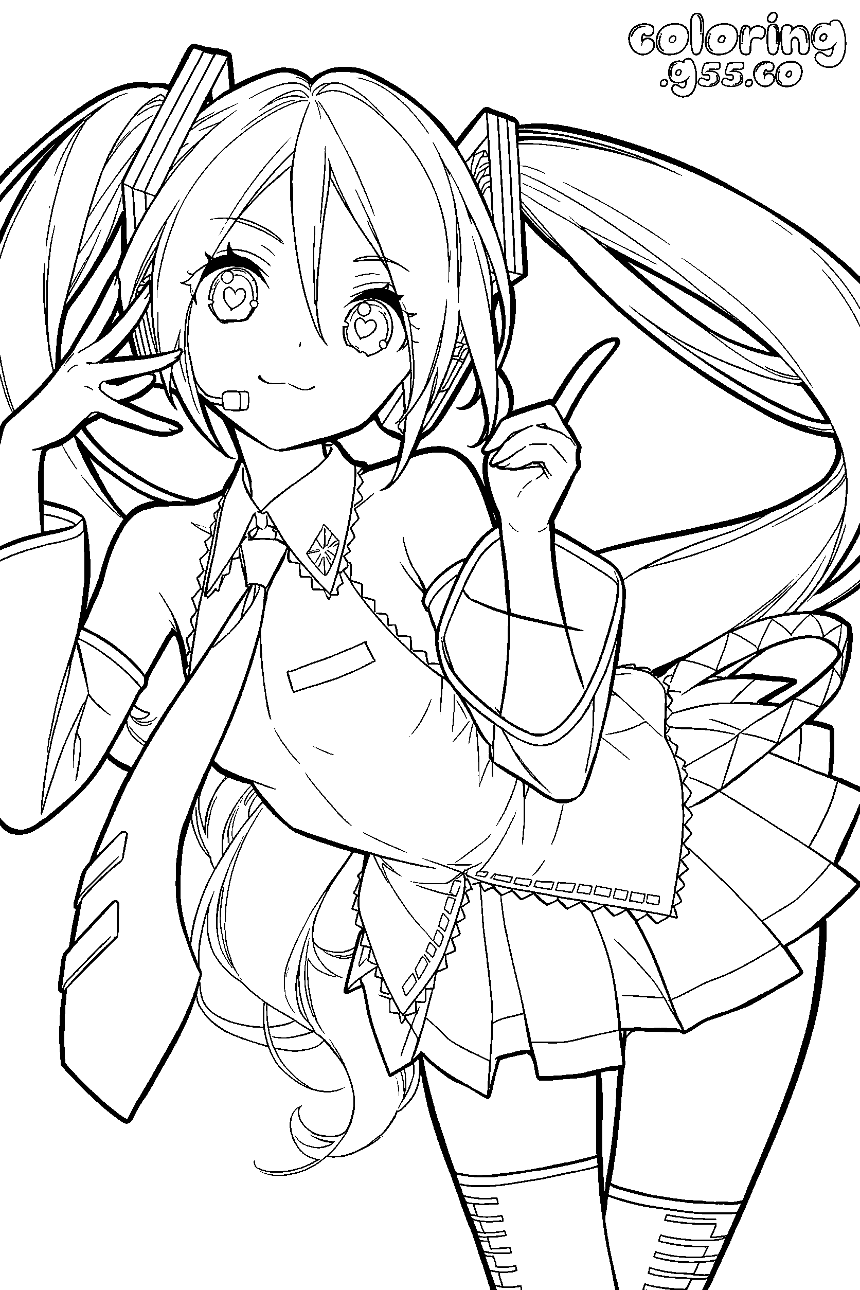 kawaii hatsune miku heart eyes peace pose anime line art for kids