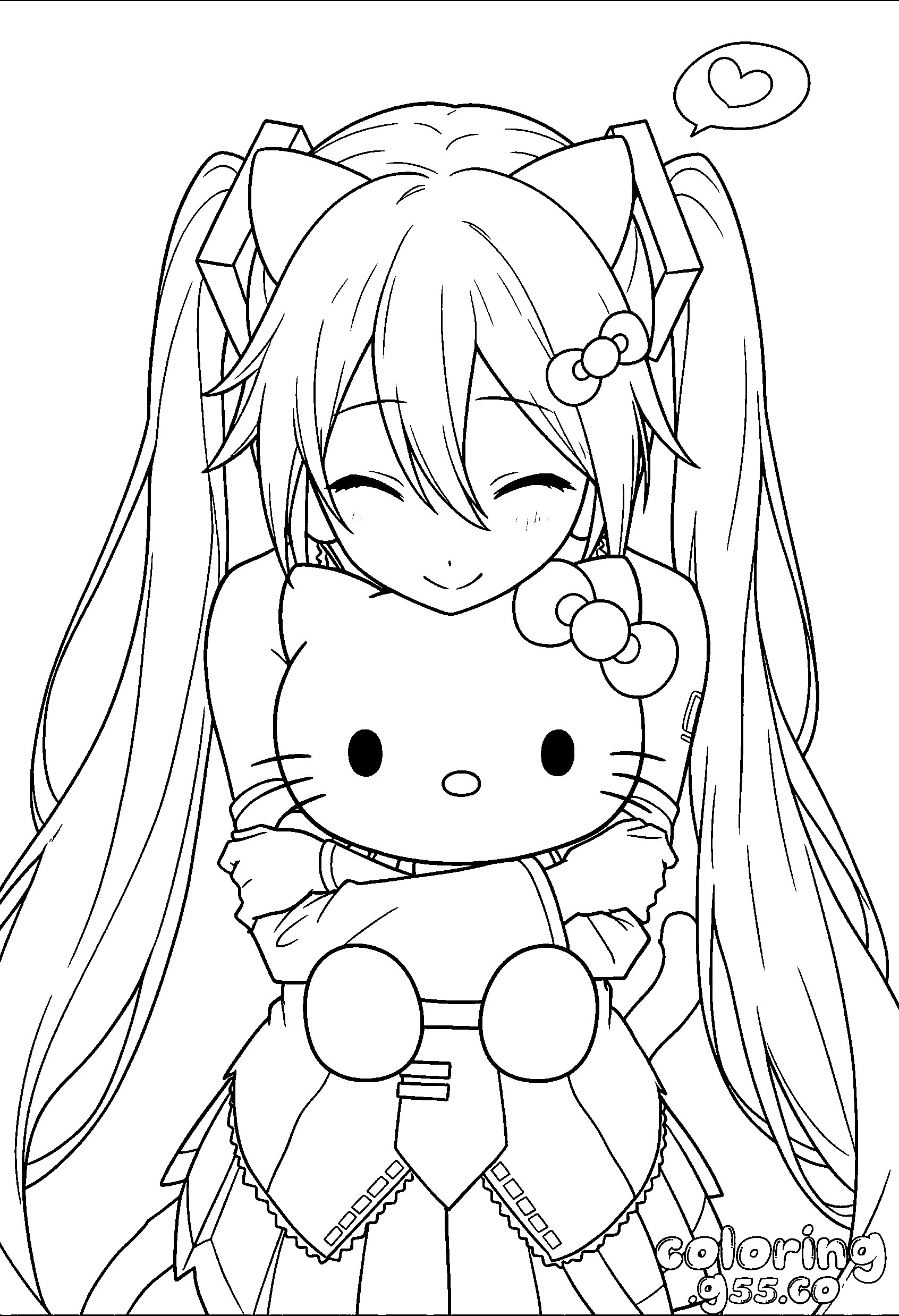 kawaii hatsune miku hugging hello kitty line art for kids