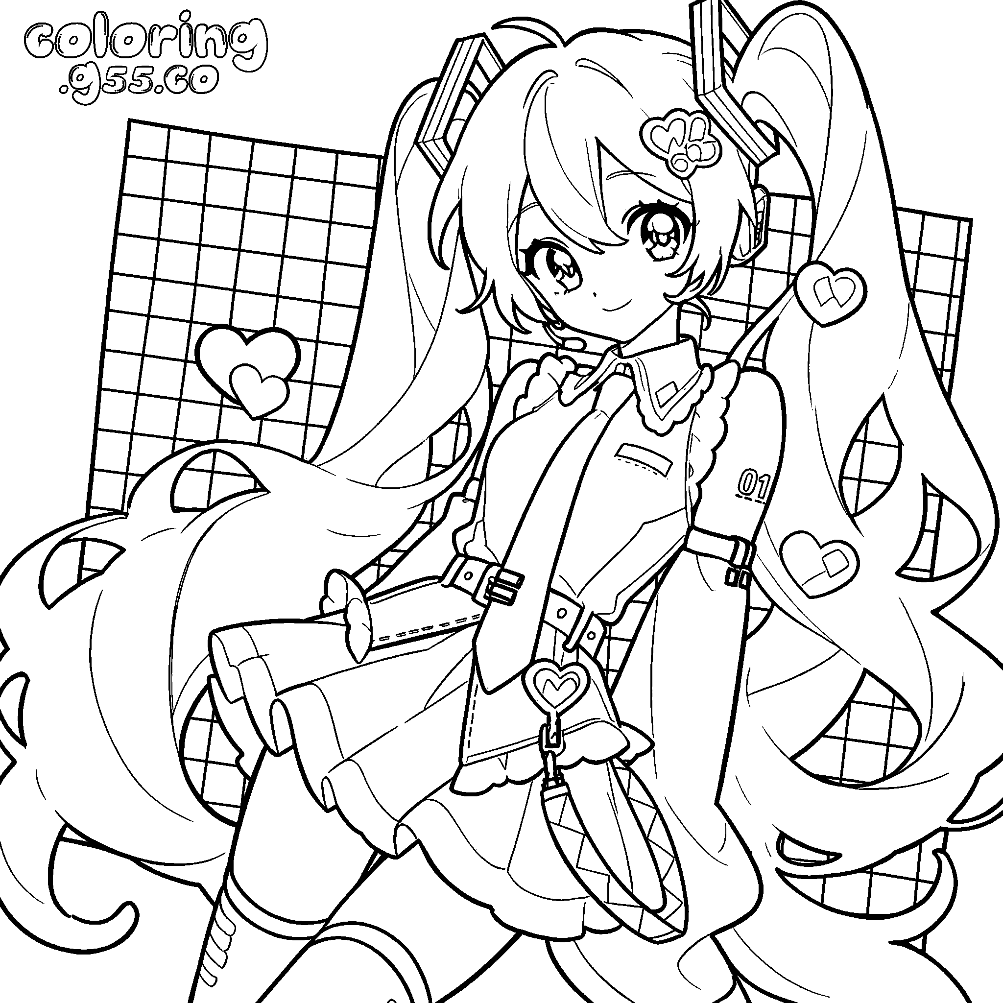 retro y2k aesthetic hatsune miku grid hearts idol line art for kids