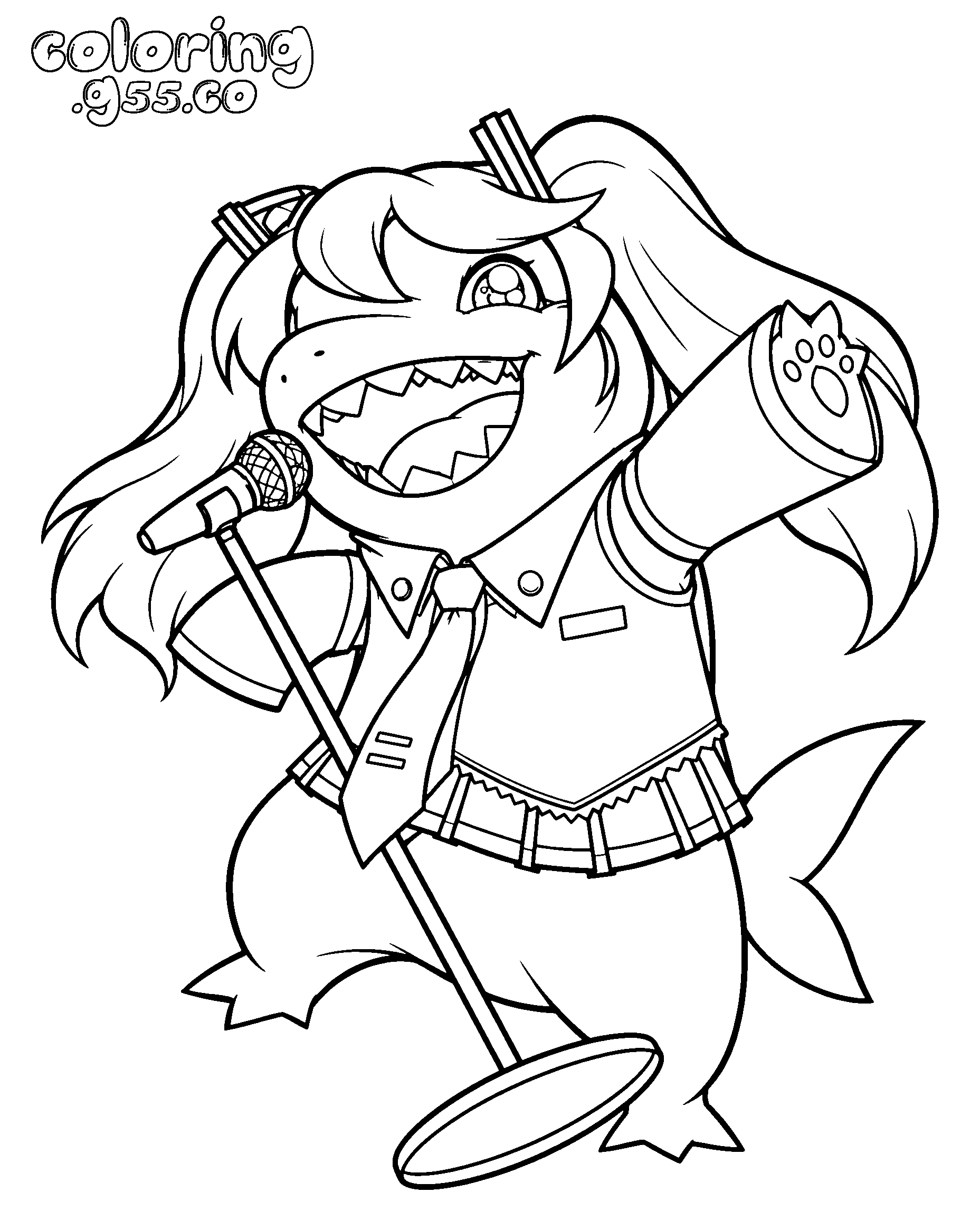 shark dressed as hatsune miku singing line art