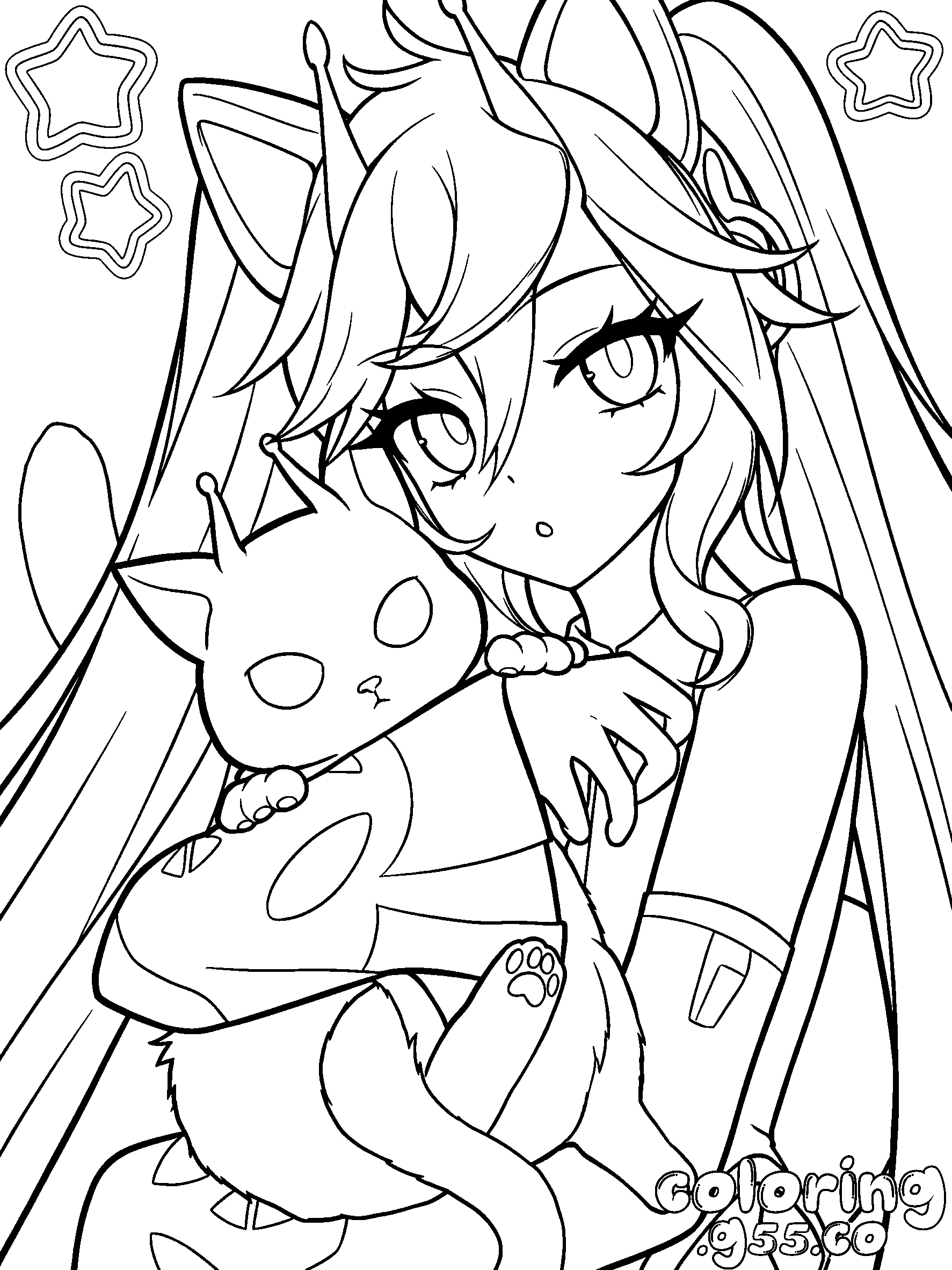 space cat girl hatsune miku chibi line art anime for kids