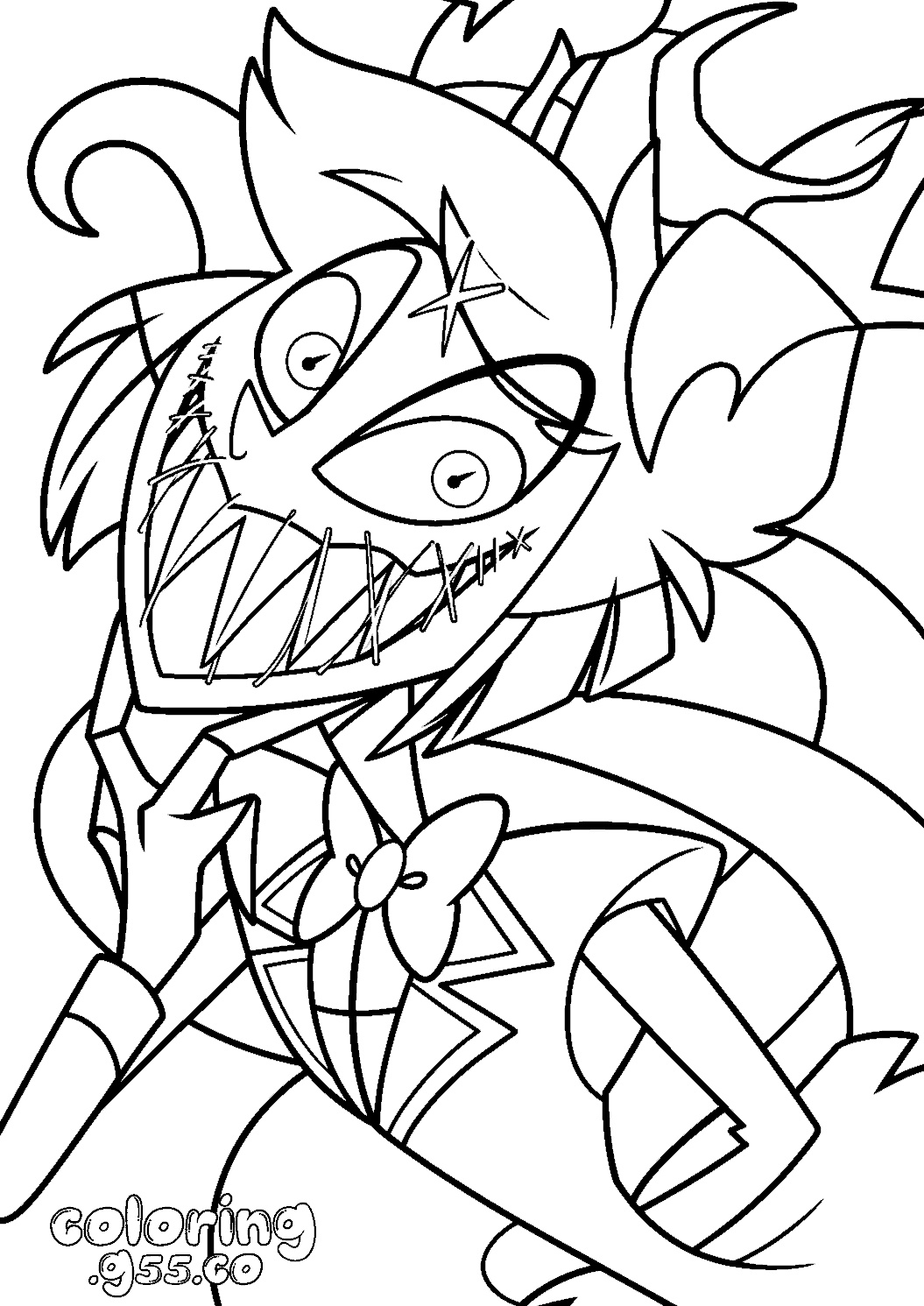 alastor evil stitched smile creepy close up hazbin hotel line art for kids
