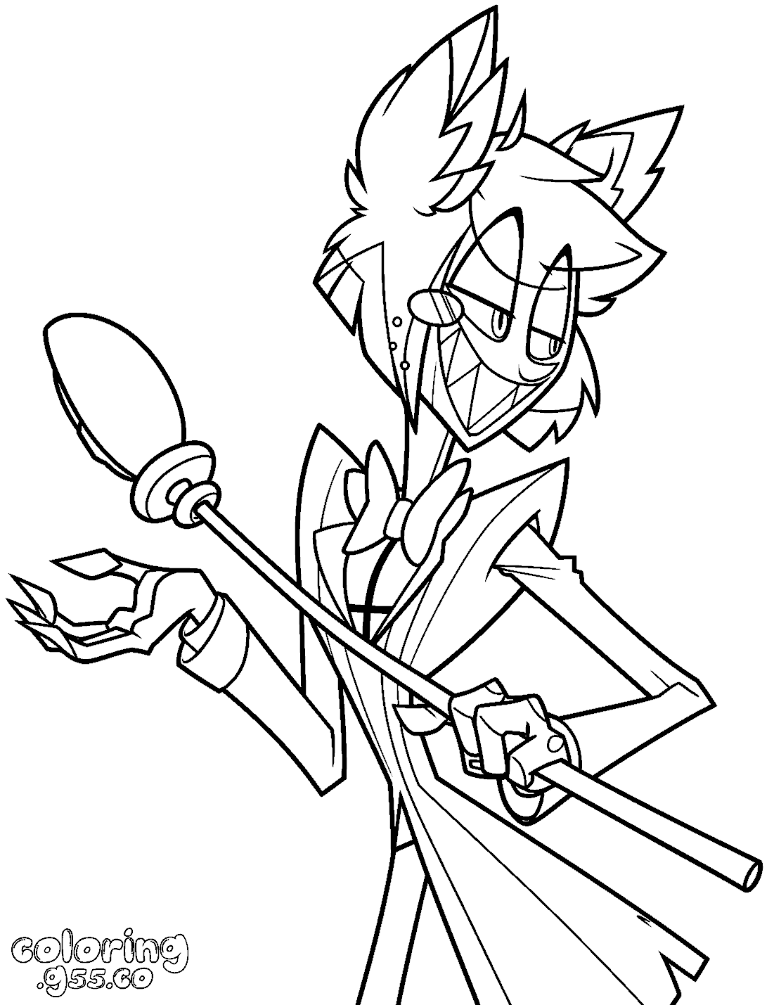 alastor holding microphone staff suave pose hazbin hotel line art for kids