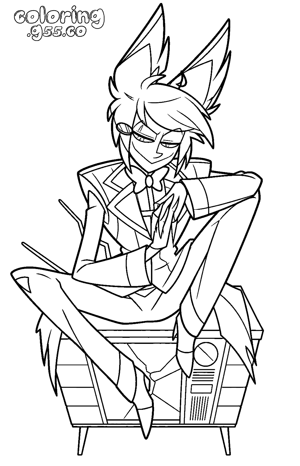 alastor sitting vintage television retro tv hazbin hotel line art for kids