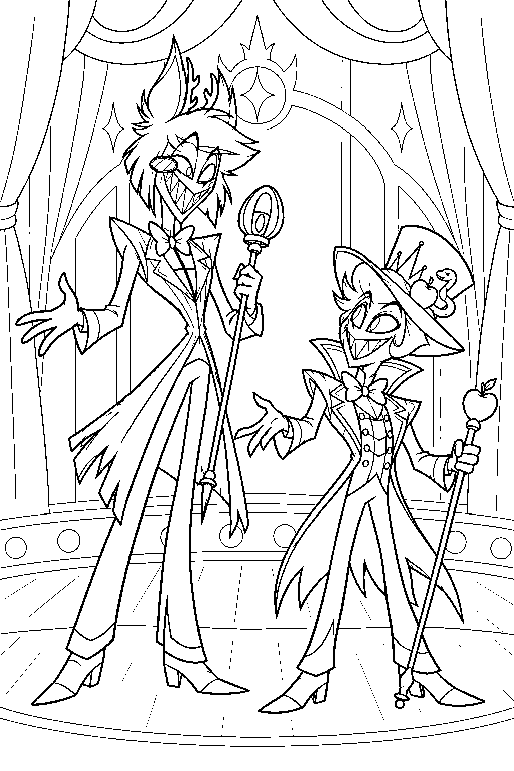 hazbin hotel alastor and lucifer morningstar performing hell s greatest dad line art