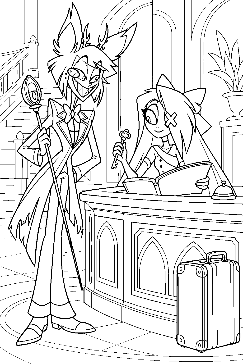 hazbin hotel alastor appearing beside vaggie at the crowded reception desk line art
