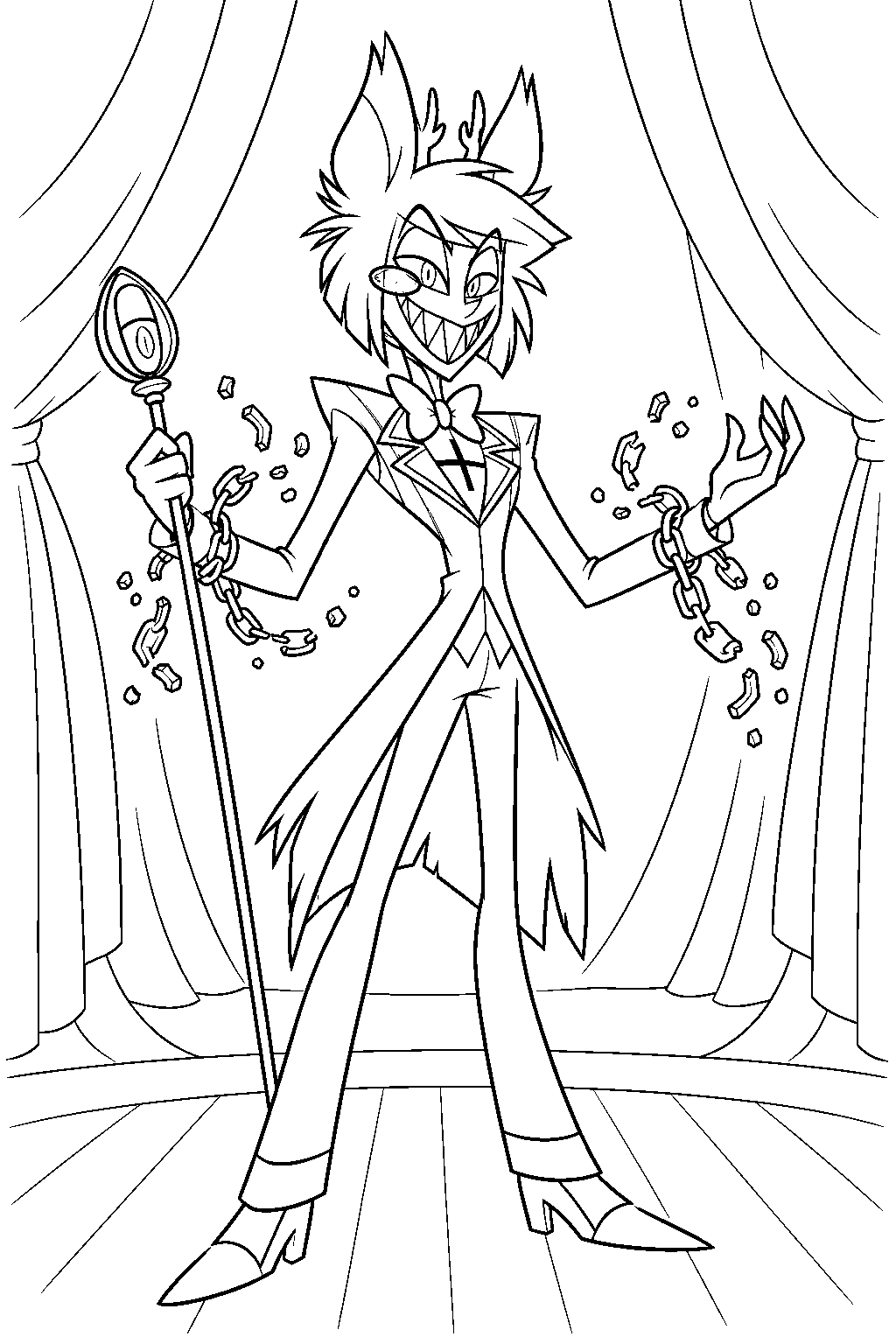hazbin hotel alastor breaking the magical chains of his deal with vox line art