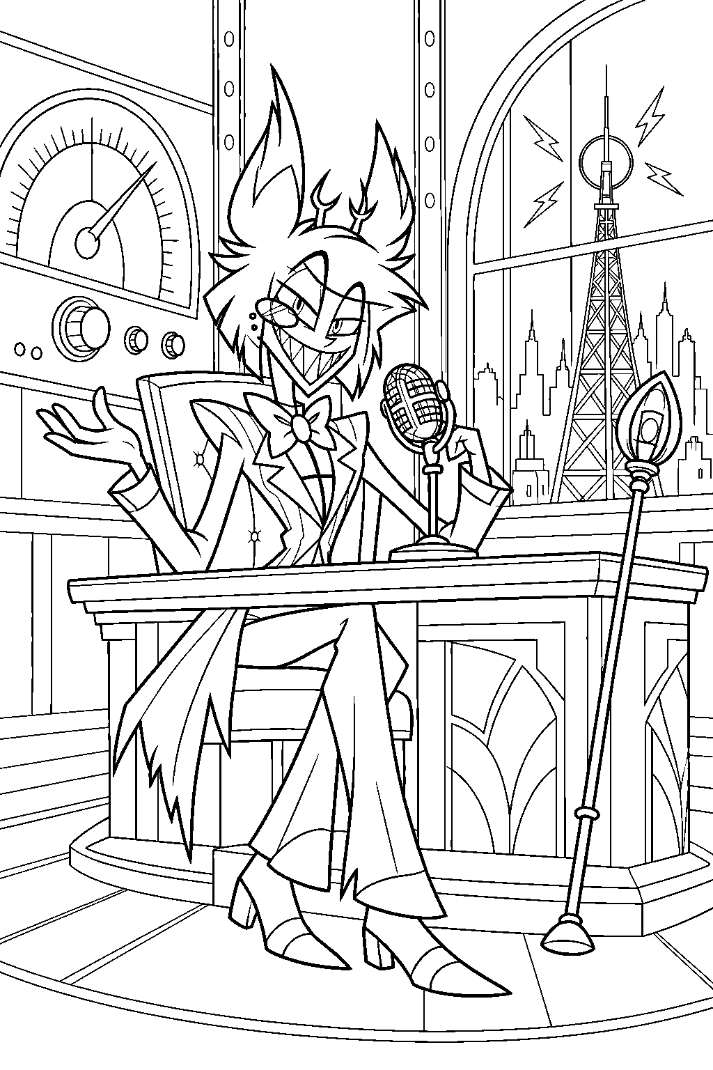 hazbin hotel alastor broadcasting from his radio tower during stayed gone line art