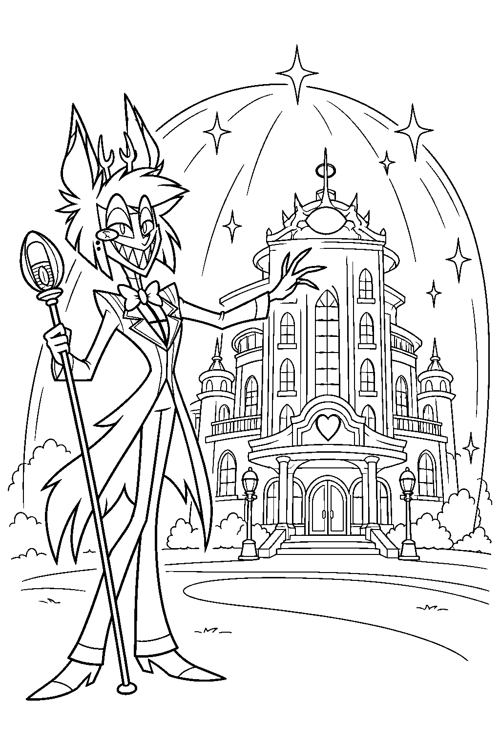 hazbin hotel alastor casting a magical shield around the hotel line art
