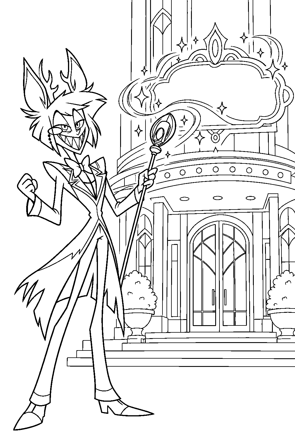 hazbin hotel alastor changing the happy hotel sign to hazbin hotel with magic line art