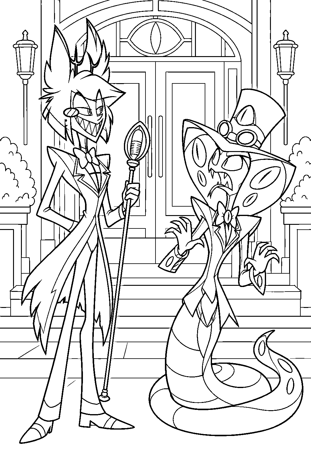 hazbin hotel alastor confronting sir pentious at the hotel entrance line art