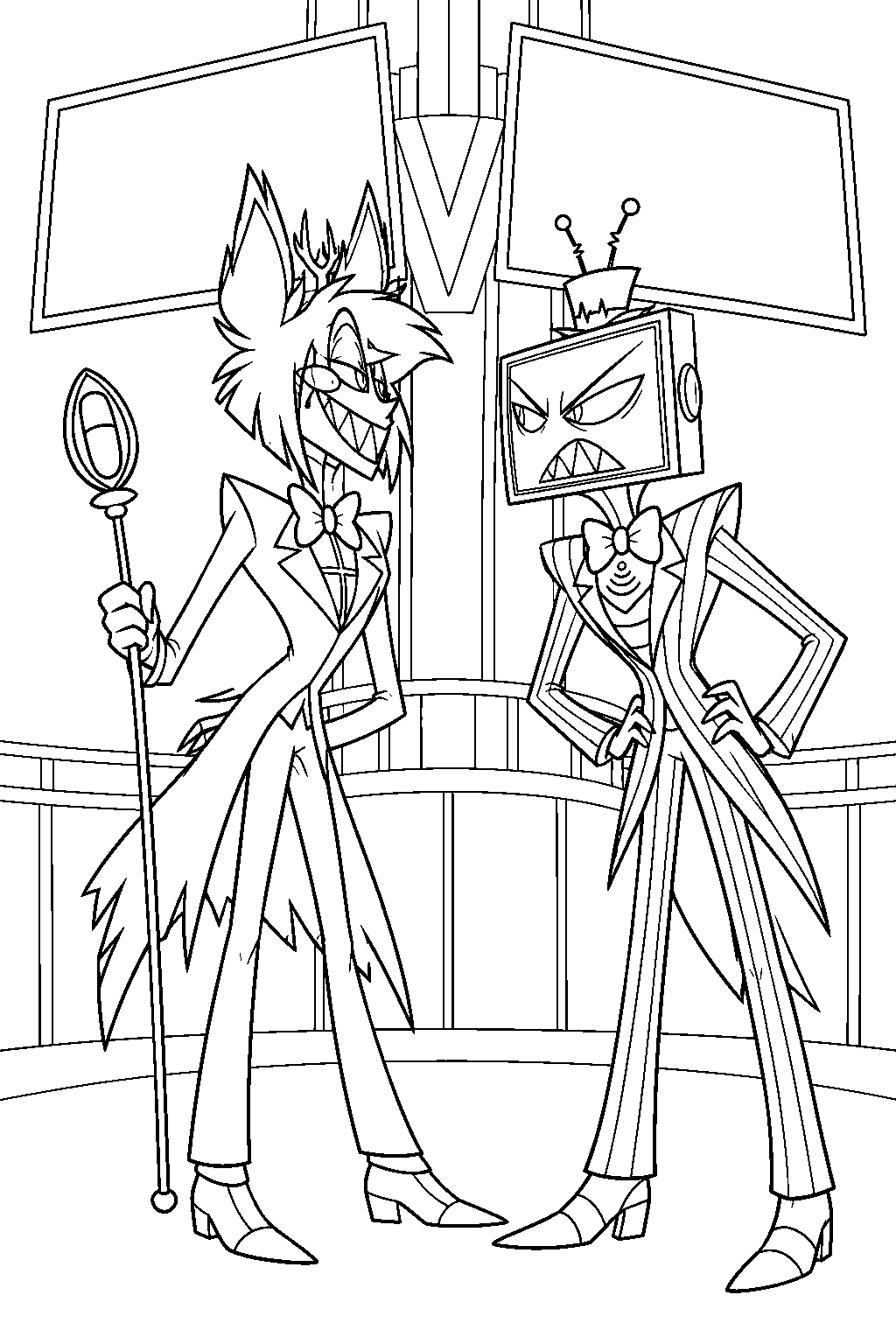 hazbin hotel alastor confronting vox beneath the v tower screens line art