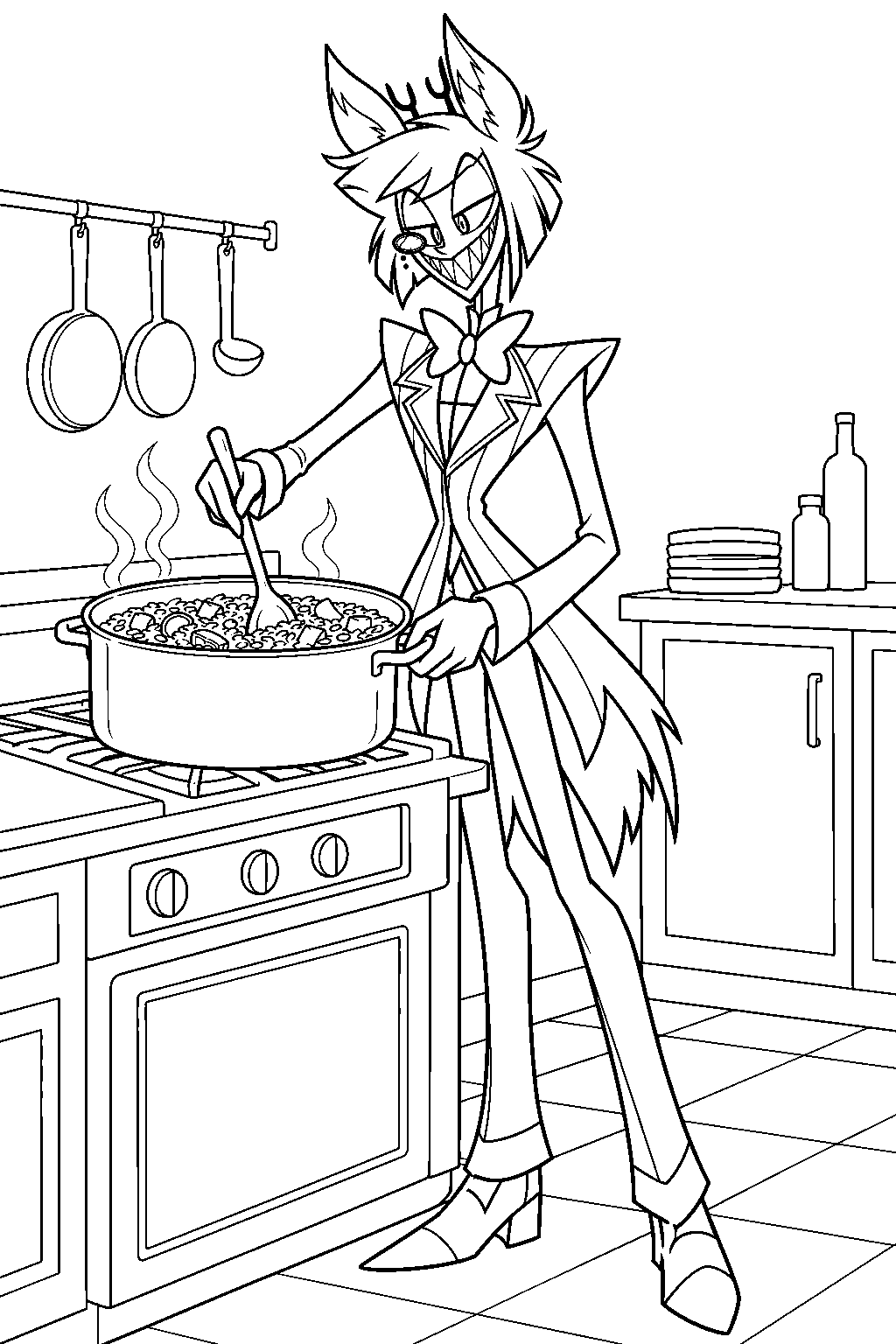 hazbin hotel alastor cooking jambalaya in the hotel kitchen line art