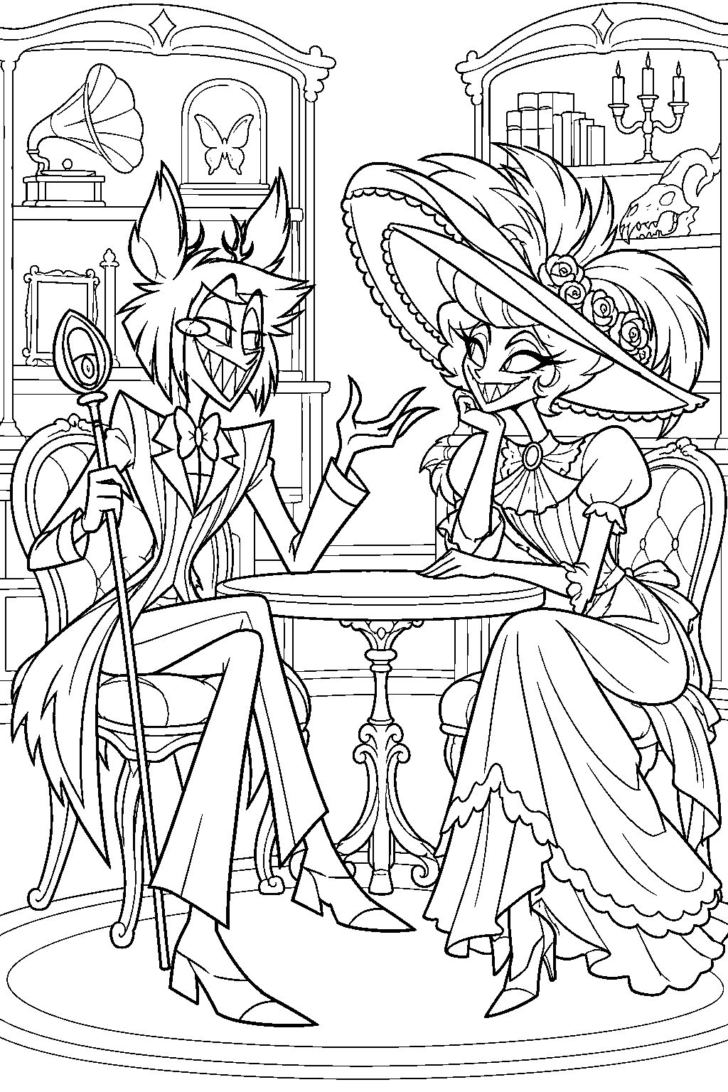 hazbin hotel alastor discussing plans with rosie inside rosie s emporium line art