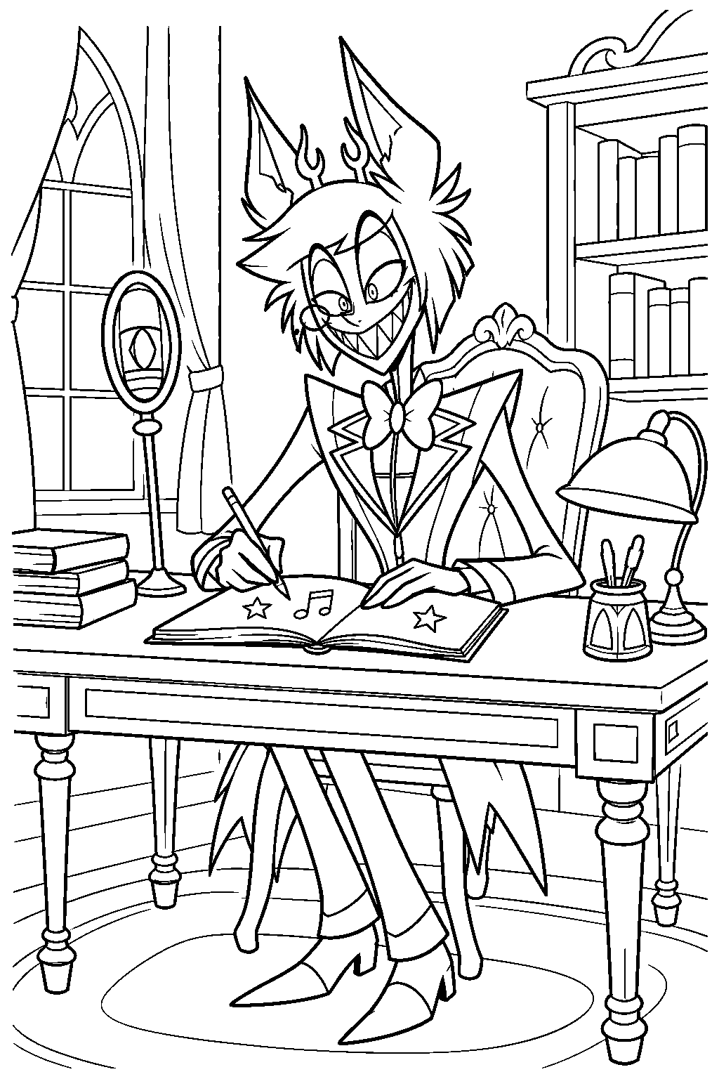 hazbin hotel alastor doodling in a notebook at his study desk line art