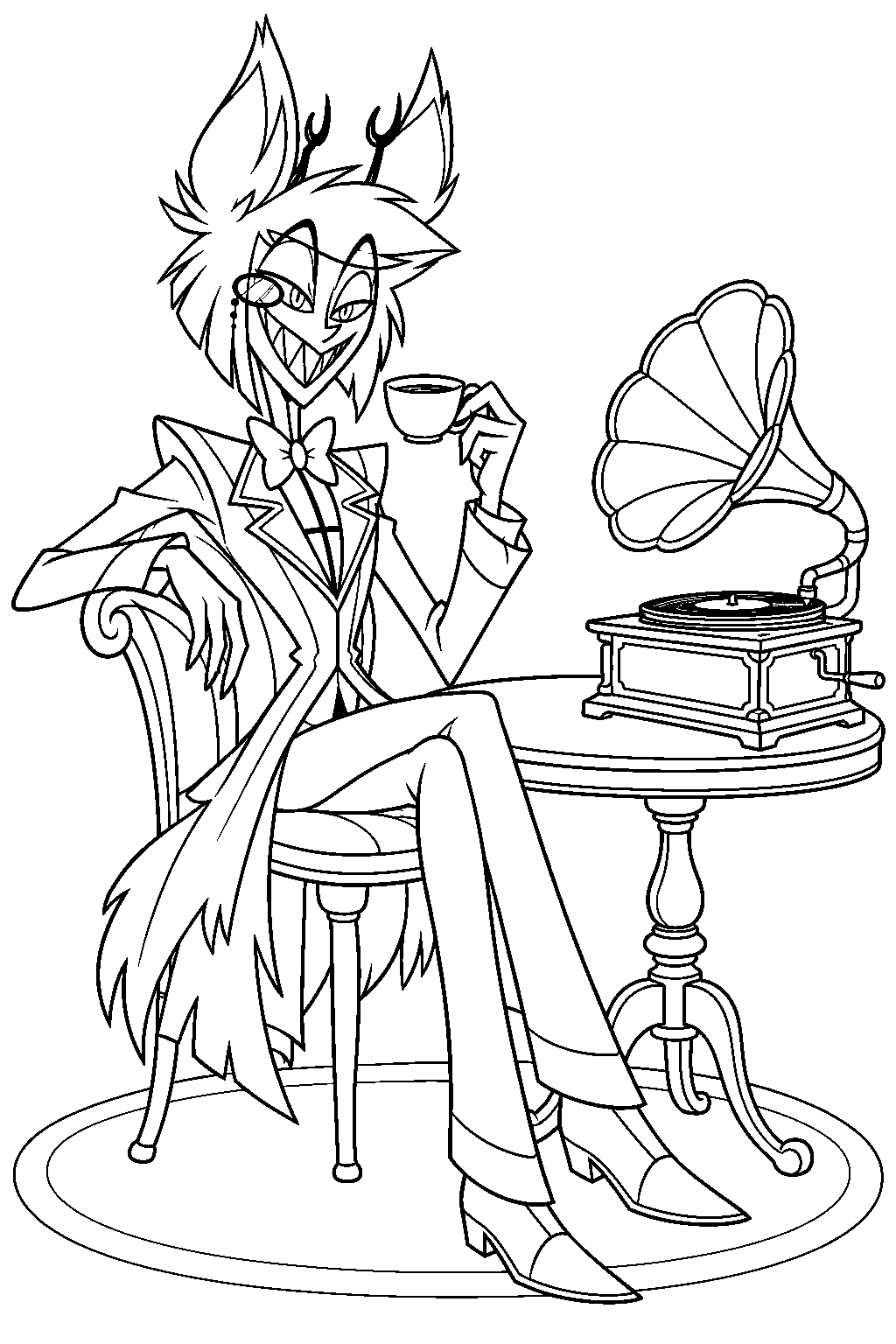 hazbin hotel alastor drinking black coffee beside a vintage gramophone line art