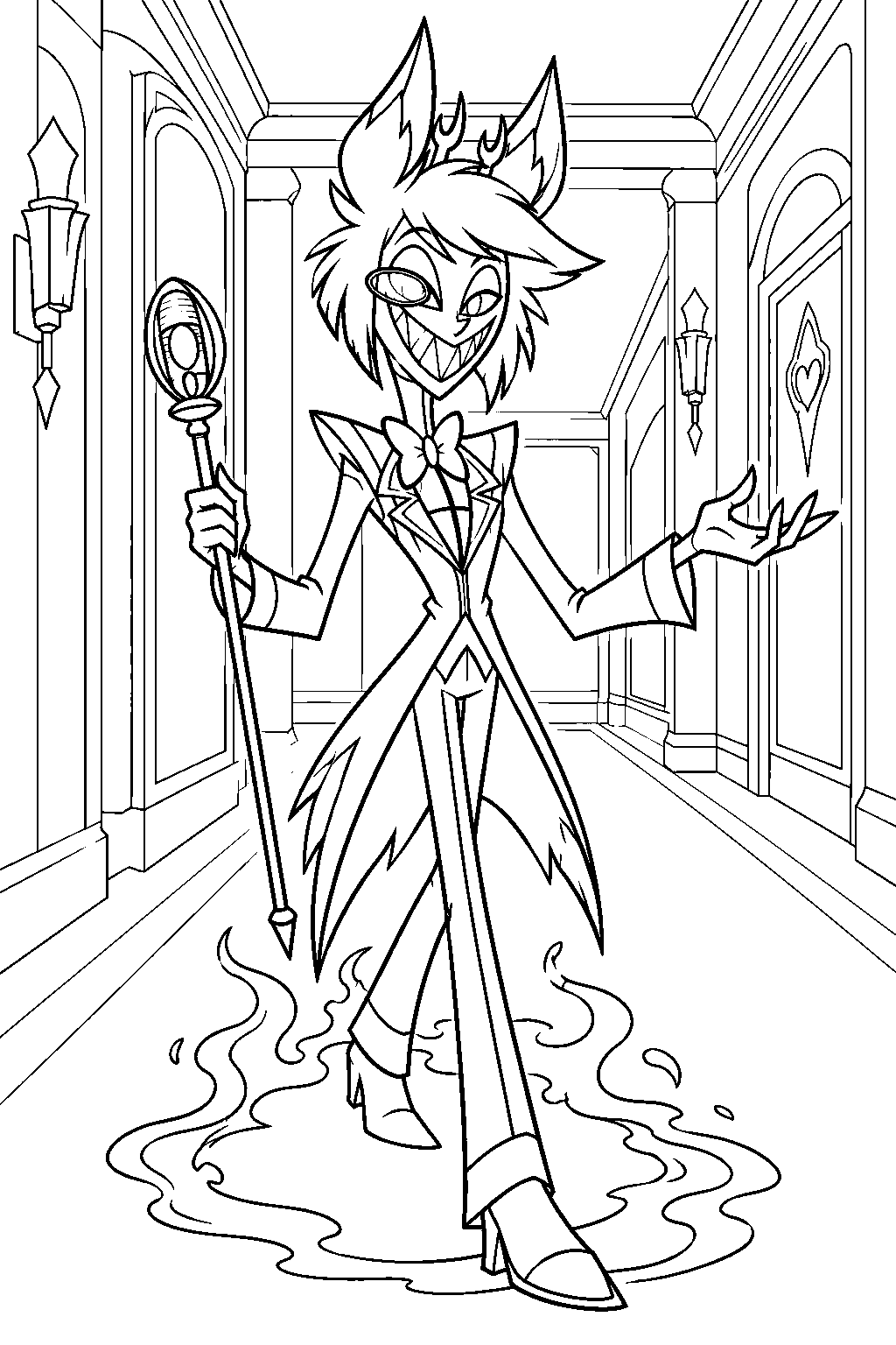 hazbin hotel alastor emerging from a shadow in the hotel hallway line art