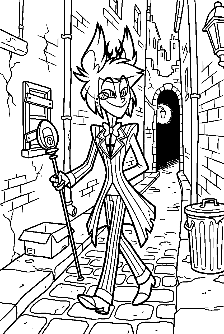 hazbin hotel alastor exploring in dark alley line art