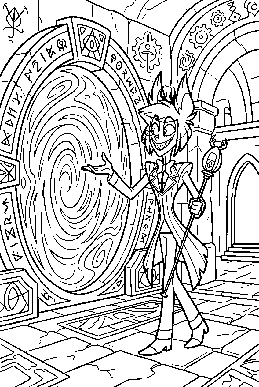 hazbin hotel alastor exploring in portal chamber line art