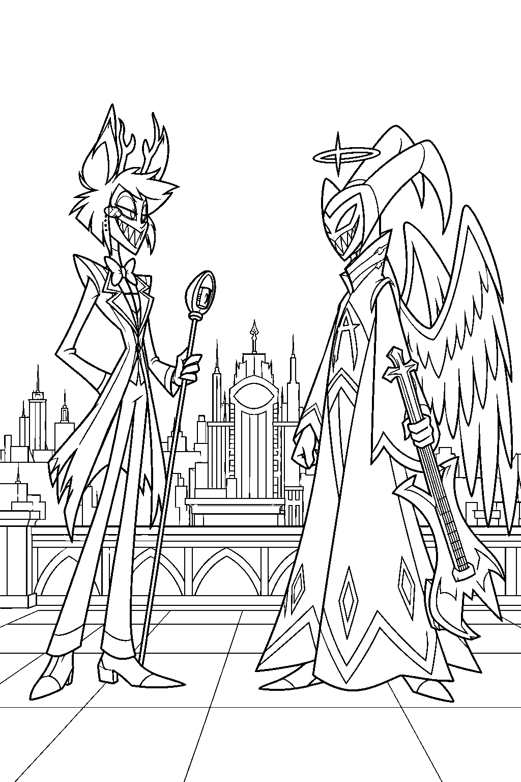 hazbin hotel alastor facing adam on the hotel rooftop line art