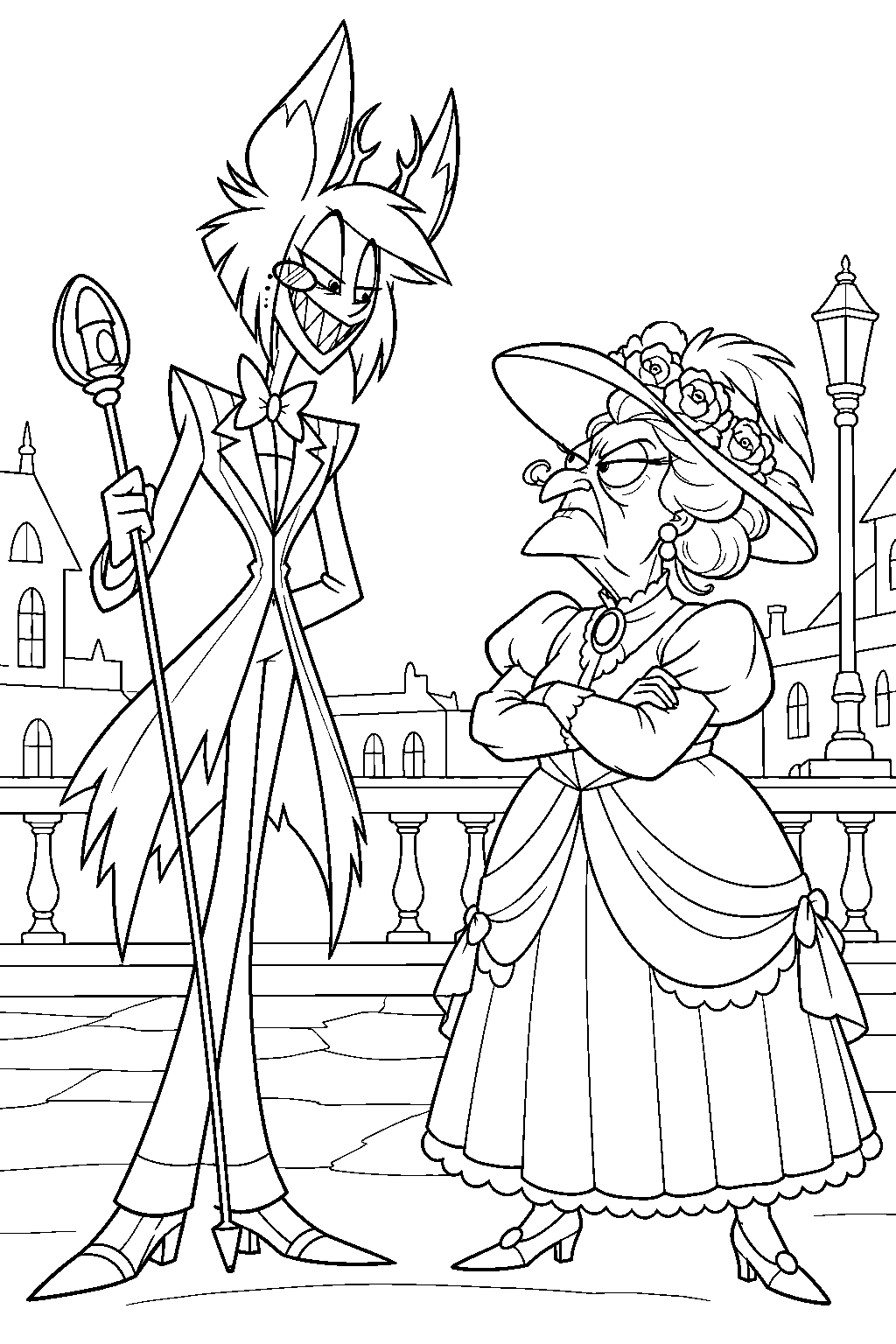 hazbin hotel alastor facing susan in the cannibal town crowd line art