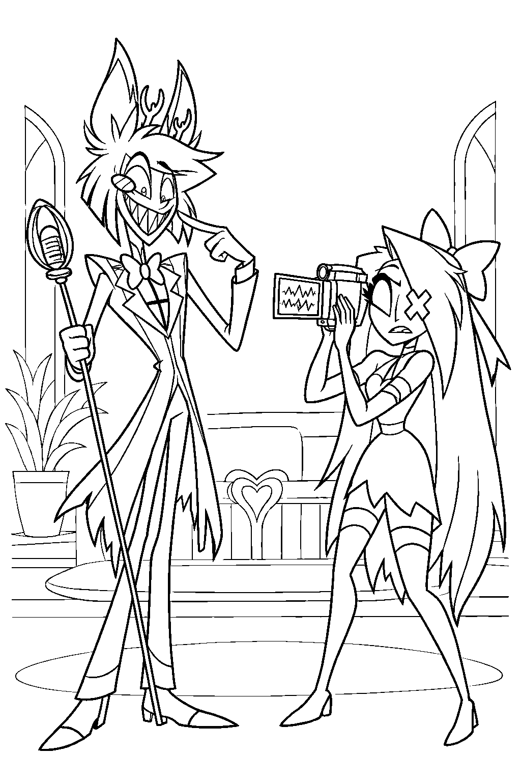 hazbin hotel alastor glitching on vaggie s video camera during the hotel commercial line art