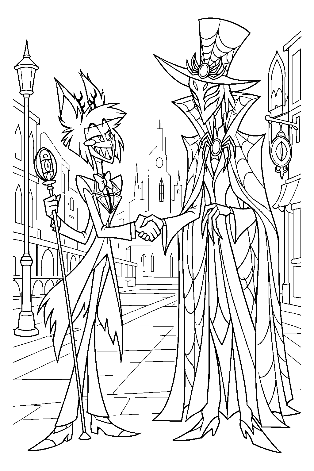 hazbin hotel alastor greeting zestial on a city street line art