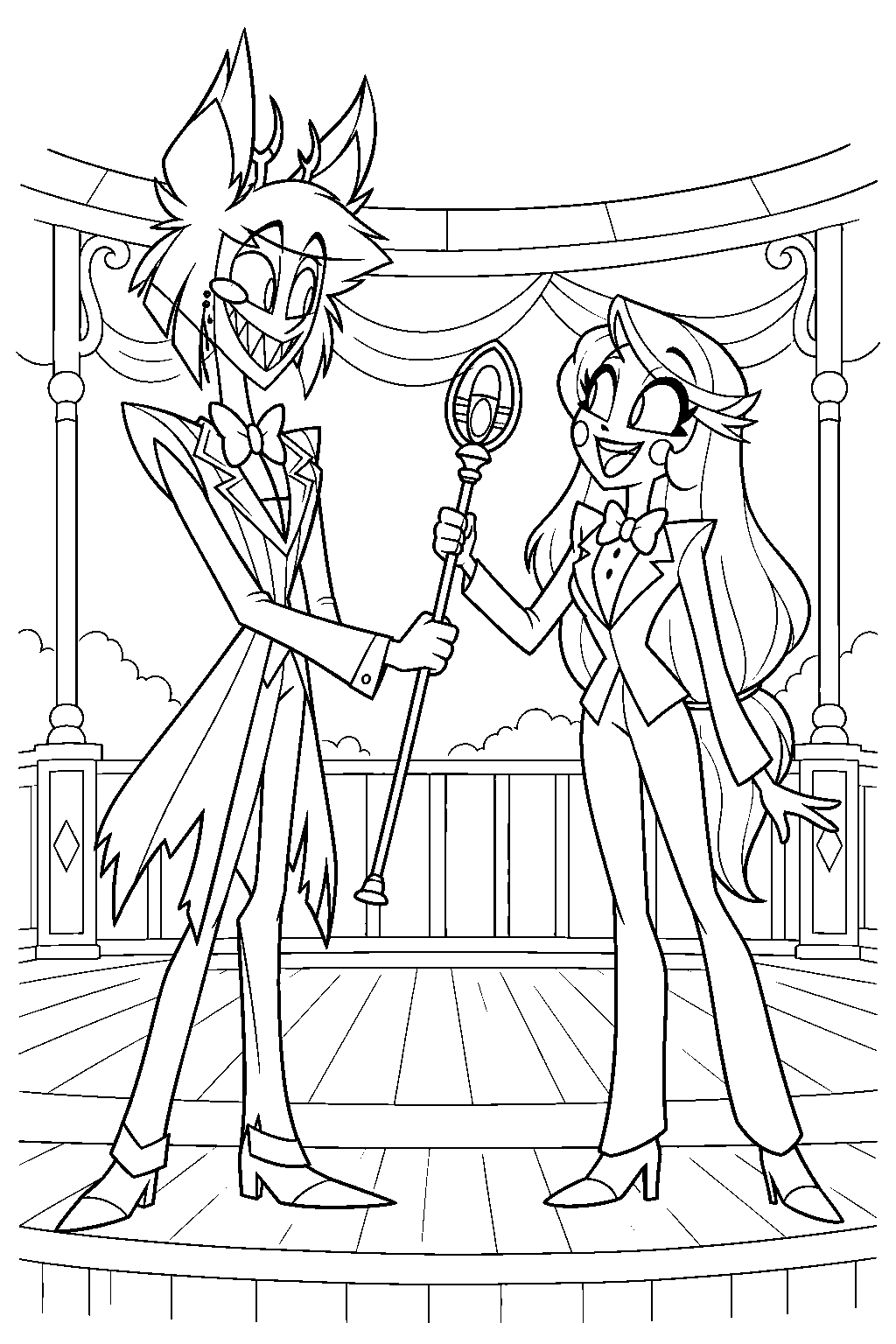 hazbin hotel alastor handing charlie morningstar his microphone at the cannibal town rally line art