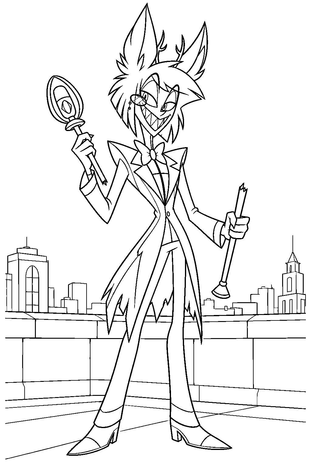 hazbin hotel alastor holding his broken microphone staff after the rooftop battle line art