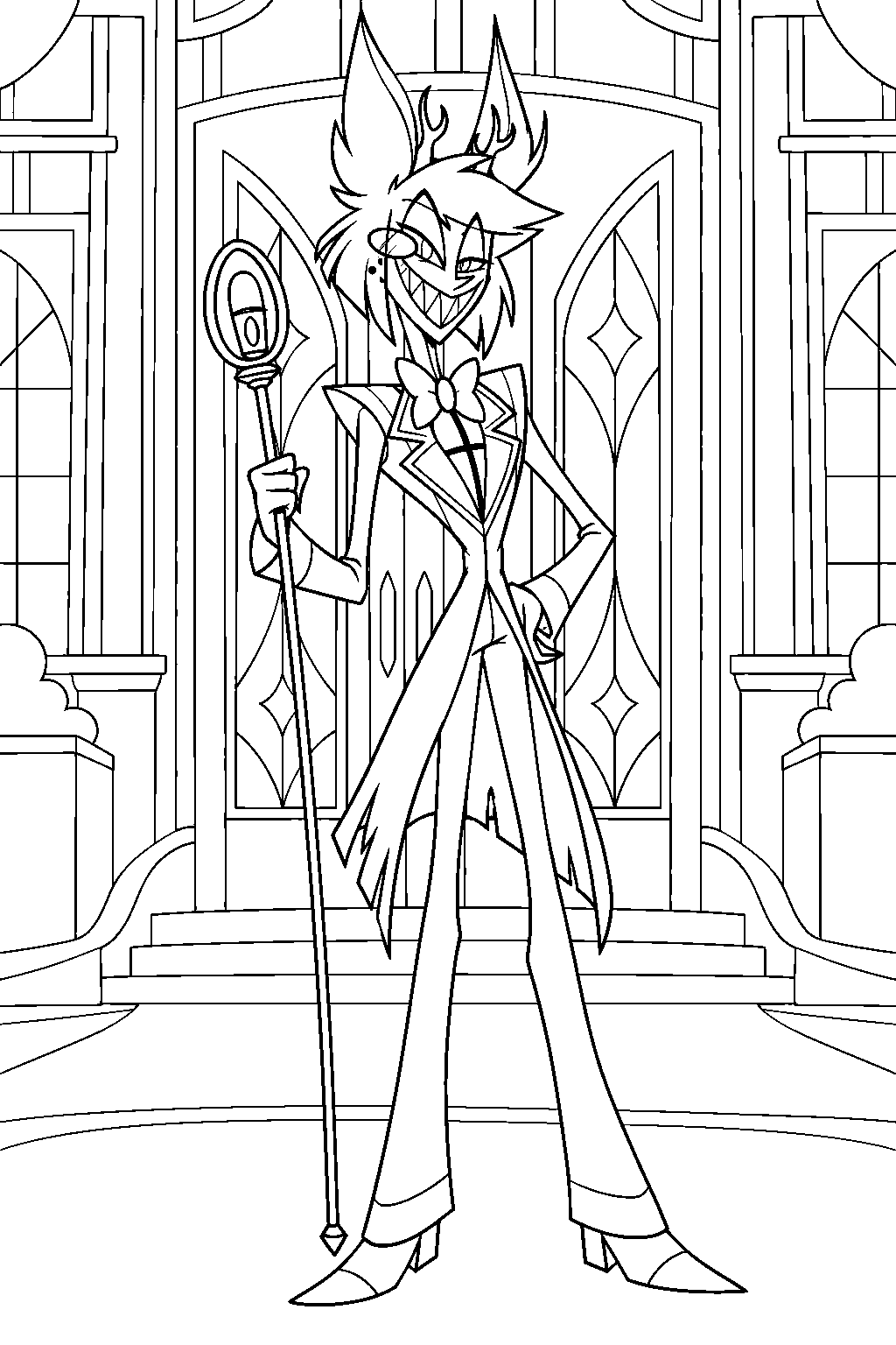 hazbin hotel alastor holding his microphone staff outside the hotel line art
