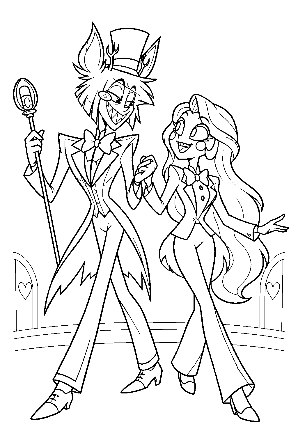 hazbin hotel alastor in a tuxedo and top hat dancing with charlie morningstar line art