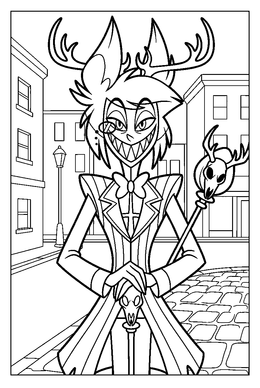 hazbin hotel alastor in city street line art