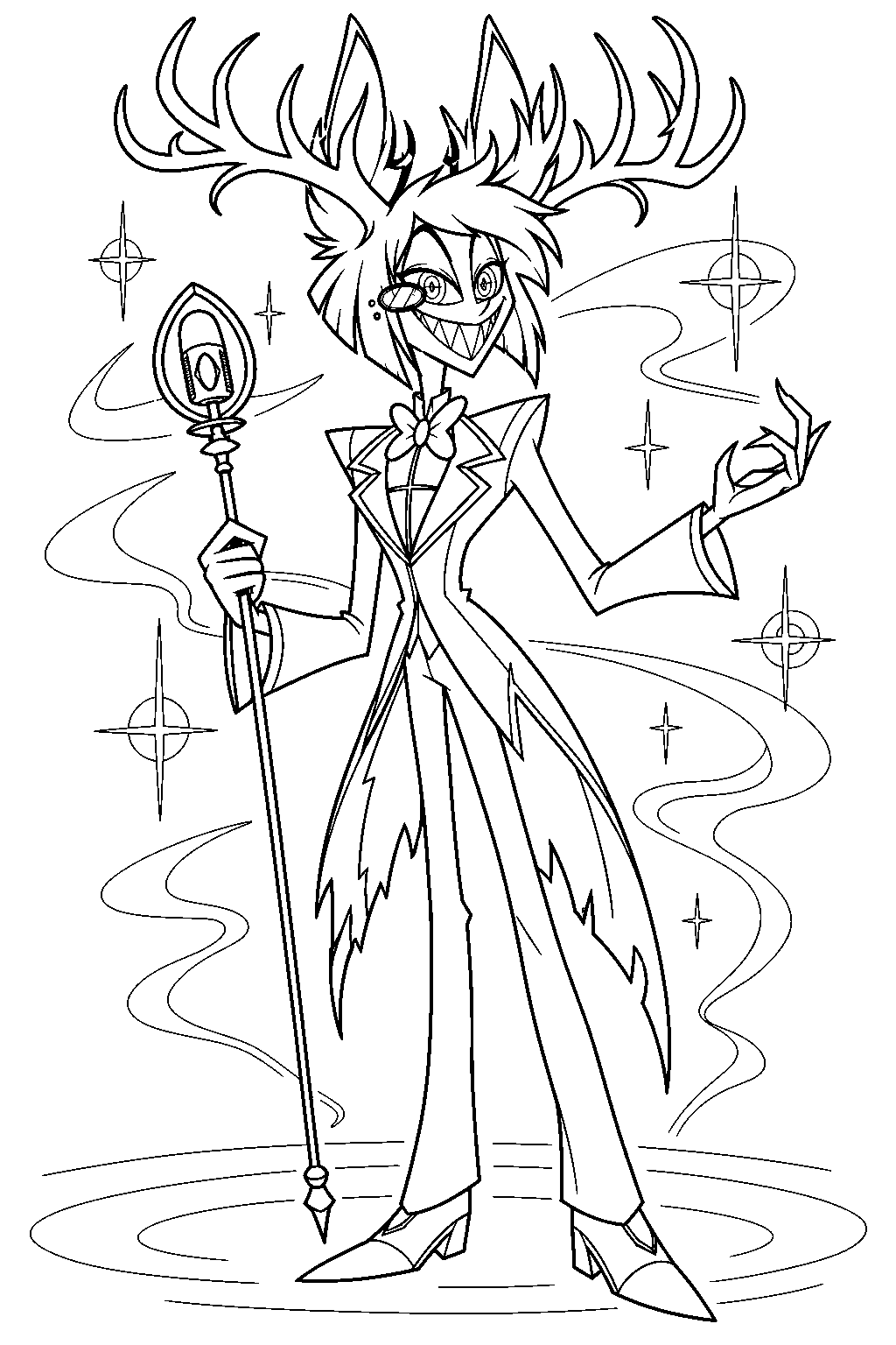 hazbin hotel alastor in his demon form with branching antlers and radio dial eyes line art