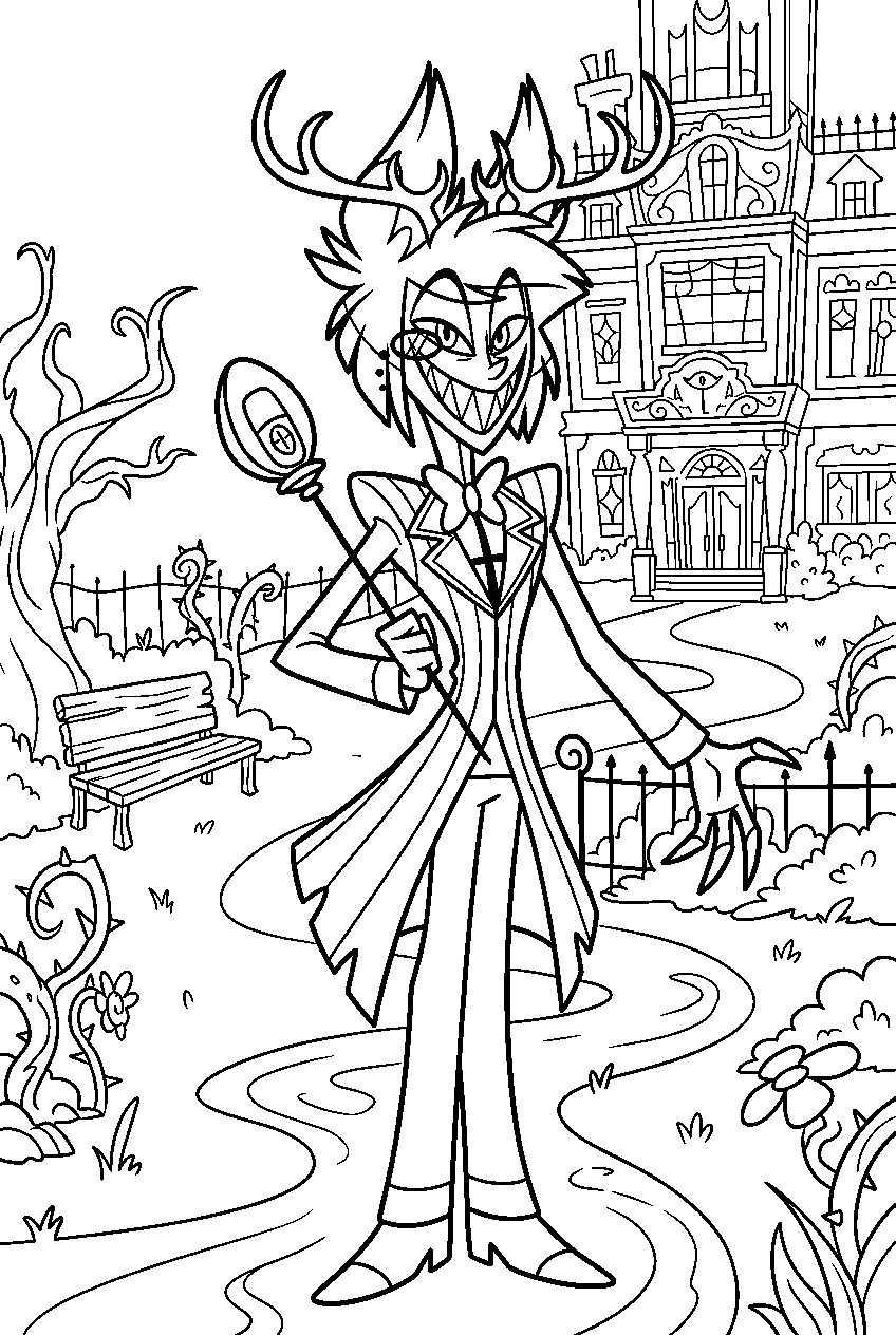 hazbin hotel alastor in hotel garden line art