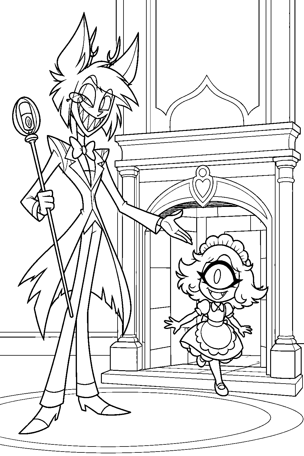 hazbin hotel alastor introducing niffty as she emerges from the hotel fireplace line art